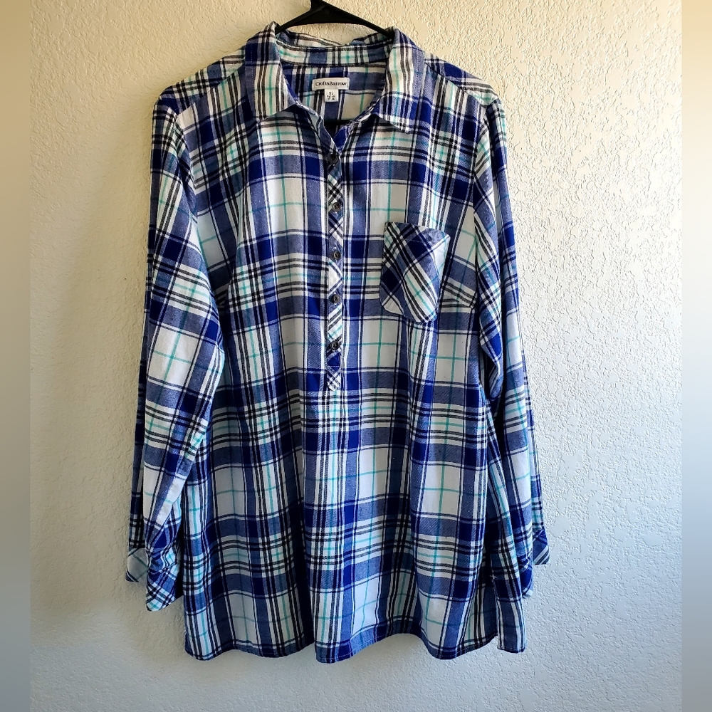 Croft & Barrow Blue/White Plaid Shirt Long Sleeves Cabin Core Western Rodeo